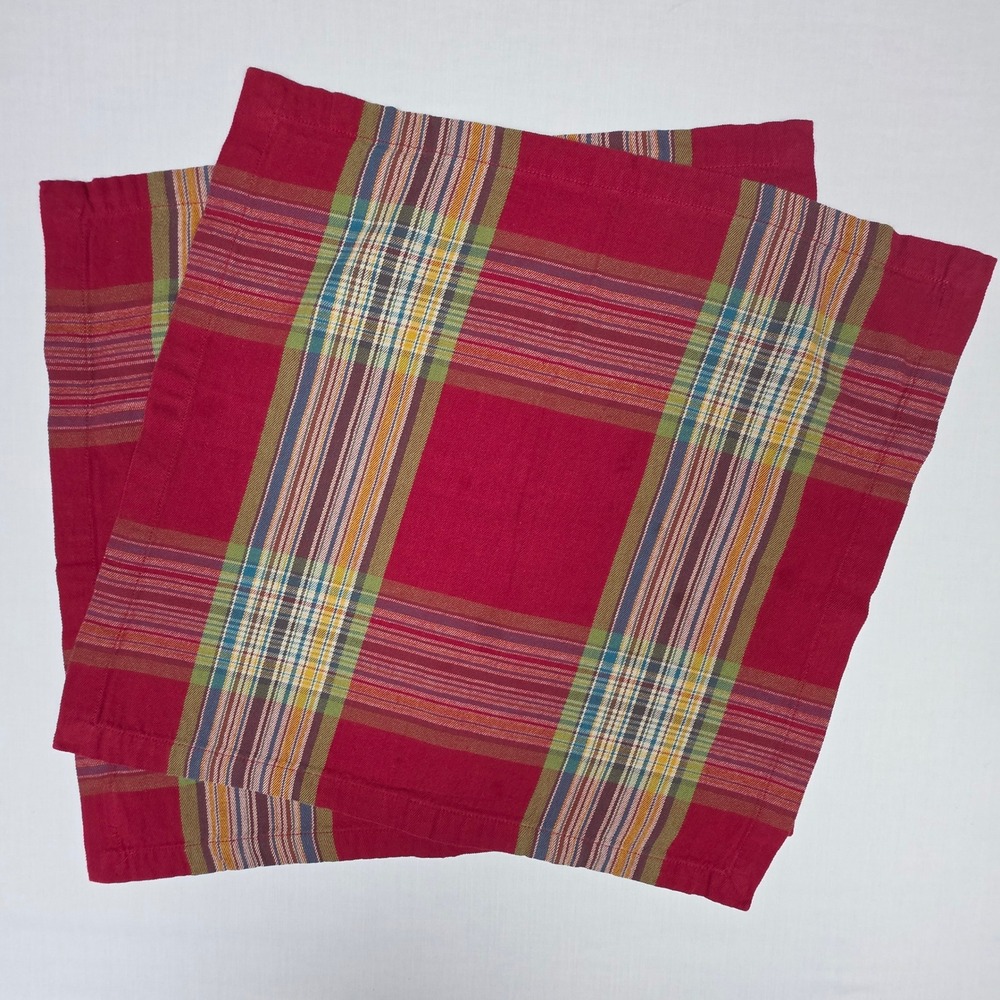 Pottery Barn Stewart Plaid Napkins 20x20 Red Multi Set of 2 Cotton Home Decor
